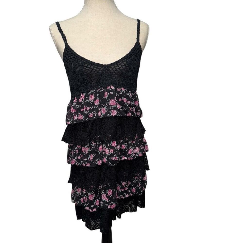 Interi Black spaghetti strap Sleeveless Lace Floral Mini layered fringe Dress L - Picture 10 of 11